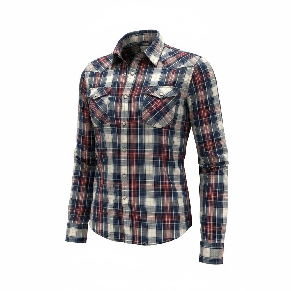 Western Flannel Shirt M Red Blue Plaid Pearl Snap Western Cowboy Americana